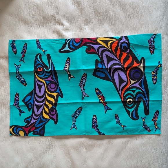 Cotton Kitchen Towel Salmon Indigenous Design by Joe Wilson, Coast Salish - Picture 1 of 5
